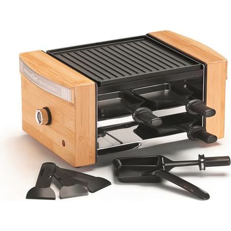 Raclette 750 W – Antihaft-Aluminium-Gussplatte – 4 Pfännchen + 4 Spatel – Einstellbarer Thermostat – Bambuskorpus – Schwarz/Natur – Kitche