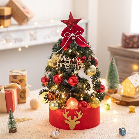 Mini Árbol de Navidad 45 cm, Decoración Navideña con Nieve Flocada Roja y Dorada – Ideal para Escritorio y Hogar (1/4)