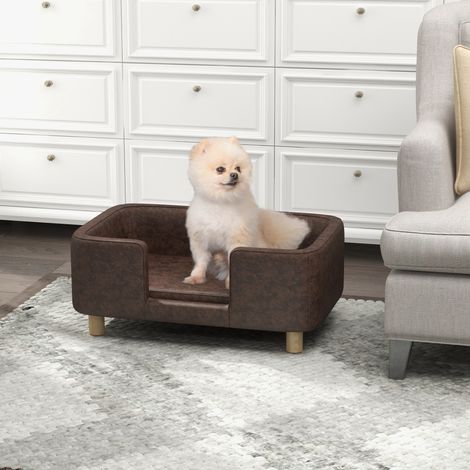 Sofá cama PawHut para perros y gatos con borde elevado, cojín suave, patas de madera maciza, dimensiones: 74 x 48,5 x 31 cm, funda de microfibra, color chocolate.