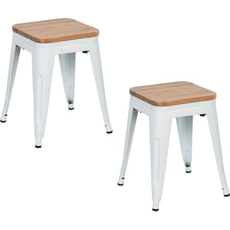 Pack 2 Taburetes Bajos Industriales Apilables de Acero y Madera 38x38x46cm Thinia Home