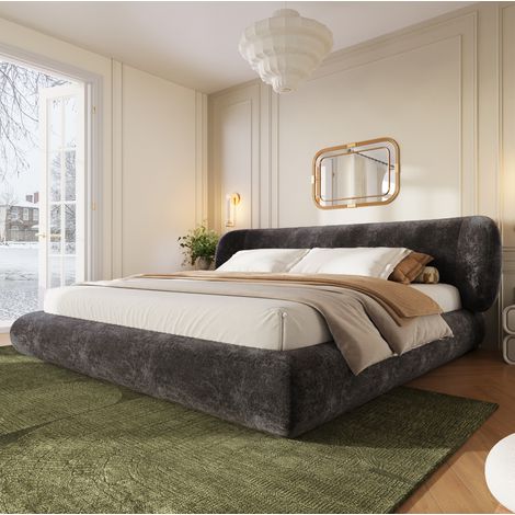 Lit double 140x200 cm en tissu chenille gris, tête de lit, sommier, sans matelas – MEUBLIV (1/5)