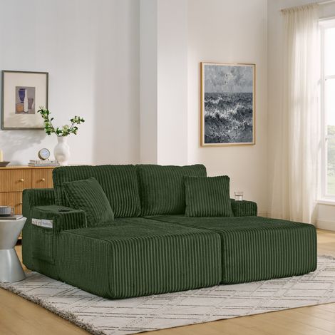 Divano letto reclinabile a 2 posti, poltrona relax, in morbido tessuto di velluto a coste, con tasca laterale per riviste, portabicchieri e cuscini, adatto per soggiorno, sala giochi, studio, camera d