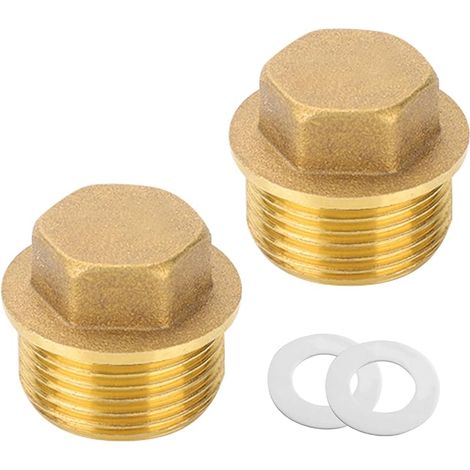 Lot de 2 bouchons en laiton 3/4", filetage extérieur 3/4", bouchons d'obturation avec anneau en caoutchouc, pour raccord de tuyau de salle de bain, chauffage et système d'eau potable, convient pour