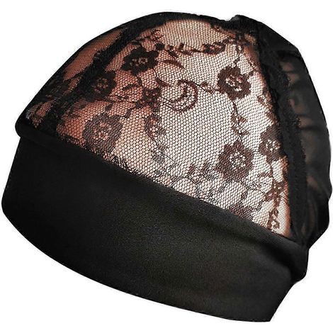 Perruque en filet noir français avec bande de fermeture élastique, bordure en soie glacée, broderie ajourée et dentelle florale (1/5)