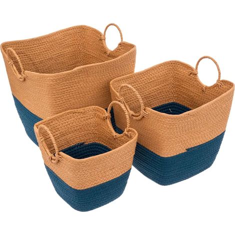Lot de 3 paniers de rangement pour chambre – set de 3 paniers porte-magazines et jouets pour salon, en osier, 37 x 32,5 x 36 cm, 32 x 28 x 29,5 cm, 26,5 x 23 x 25 cm, bleu et beige (1/5)