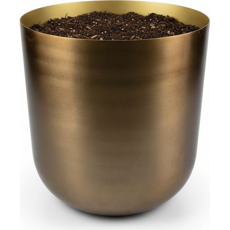 Jardinière Cache-pot Rond en Métal Bronze Brossé et Intérieur Doré - Ø 20 x H 22 cm - PANGIVO (1/5)