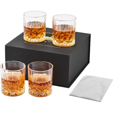 Set de 4 Verres à Whisky Cristal 10oz Design Old Fashioned Robuste et Élégant avec Coffret Cadeau Luxe pour Spiritueux
