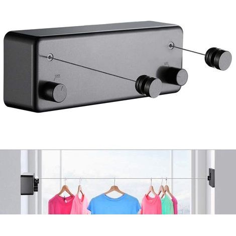 Corde à linge rétractable pour intérieur et extérieur - Robuste, 2 fils à linge de 4,2 m en acier inoxydable, fixation murale (perceuse) - Noir T (1/5)