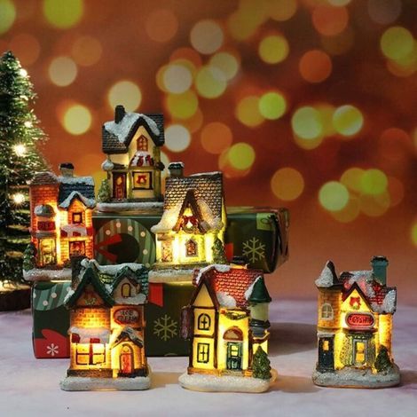 Village de Noël lumineux avec éclairage LED – Décoration festive en résine – Ensemble de 5 pièces – Dimensions 4x6.5x9 cm