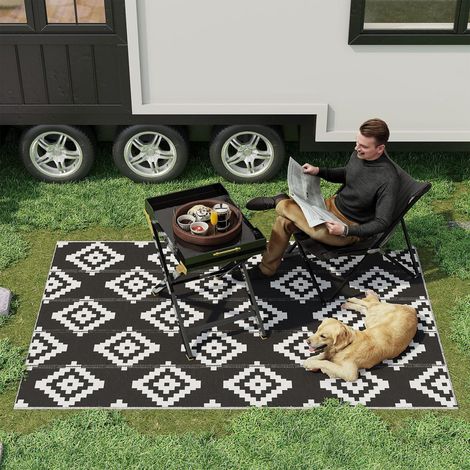 Tapis d'extérieur réversible pour balcon et terrasse, motif géométrique, 2,74 x 1,82 m, noir et blanc (1/5)