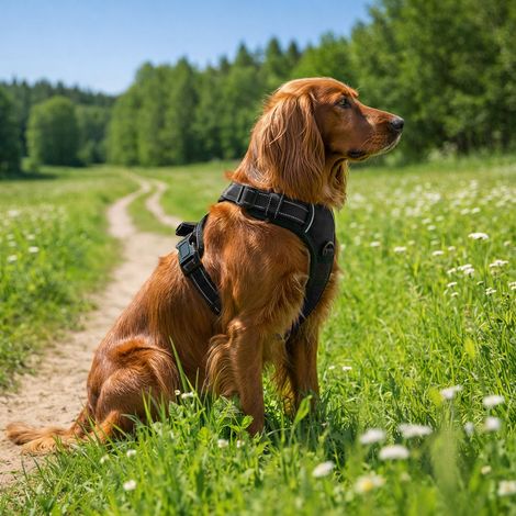 belviona Anti-Zug Hundegeschirr, gepolstertes Y-Geschirr für Hunde mit Kontrollgriff, reflektierend & verstellbar, Größe S, schwarz (1/5)