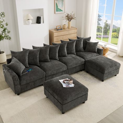 Canapé d'angle modulable 6 places –283 x 153,5 x 78,5 cm configuration U ou L au choix, 2 ottomans avec rangement, chargeurs USB-C intégrés, 8 coussins de dossier déplaçables- gris (1/5)