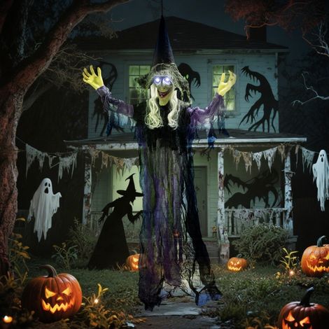 Décoration d'Halloween de 183 cm suspendue sorcière d'Halloween avec lumières LED, fonction sonore ajustable bras, bouche (1/5)