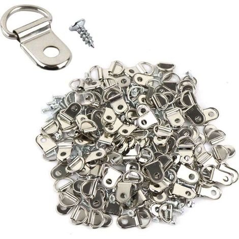 Confezione da 100 supporti per quadri, con 100 viti da 8 mm e piccoli anelli triangolari, per orologi, decorazioni, specchi, quadri, cornici per opere d'arte (argento). (1/5)