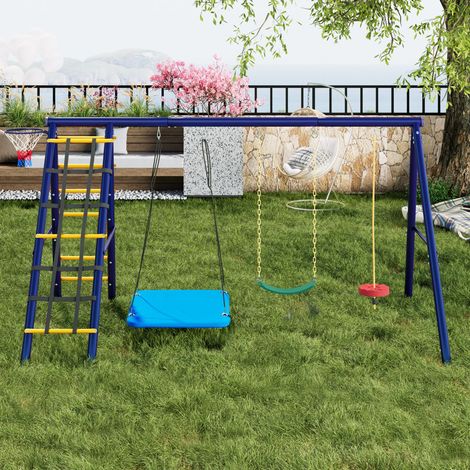 Balançoire extérieure multifonctionnelle, 3 balançoires + klettergerüst + panier basketball, acier, 3-8 ans (1/5)