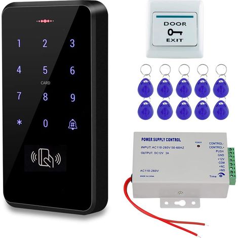 1 Kit Contrôle Accès Extérieur IP68, Clavier RFID Tactile, Alimentation 12V, Bouton Sortie, 10 Porte-clés