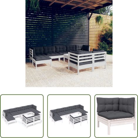 Terrassensofa - 10-tlg. Garten-Lounge-Set mit Kissen Weiß Kiefer Massivholz (1/5)
