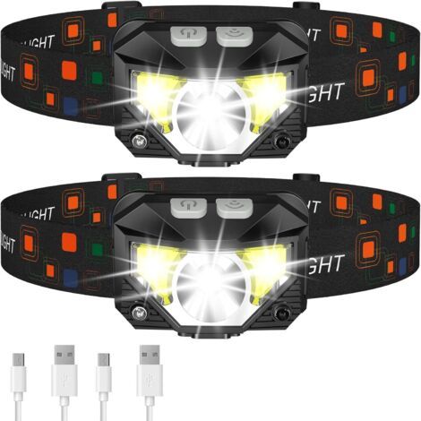 Lot de 2 lampes frontales étanches à détecteur de mouvement, ultra-légères, rechargeables à LED avec lumière blanche et rouge, 8 modes pour le camping, la randonnée et la pêche. (1/5)