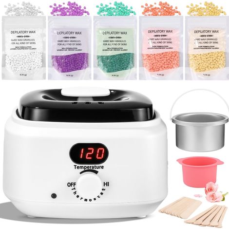 Chauffe cire epilation, kit epilation cire 5 paquets de perles d’épilation, 1 bol en silicone et 30 bâtonnets de cire, 10 applicateurs