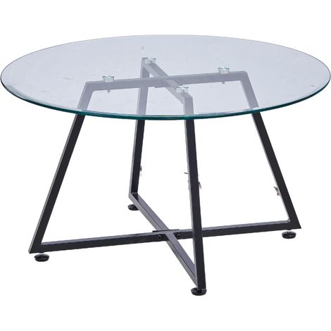 Table Basse Ronde HELOISE Métal Noir Plateau Verre Trempé Transparent D80xH45cm (1/5)