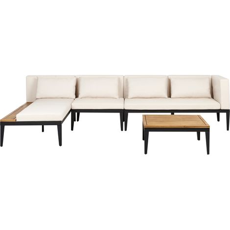 Conjunto de jardín 4 plazas de madera de acacia certificada sofá esquinero con mesa de centro cojines beige claro derecho Bracciano