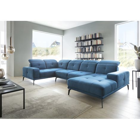 Canapé panoramique design SKAW tissu - Têtières réglables A gauche-Bleu paon-Méridienne A gauche (1/5)