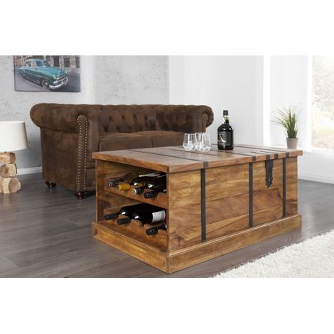 Couchtisch mit Weinregal Truhe massiv 100 cm Holz Wohnzimmertisch (1/5)