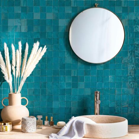 Carrelage Zellige Marocain Bleu Turquoise 5x5 cm (vendu par plaque de 30x30 cm soit 0,09 m²) - RO'MA NATURE
