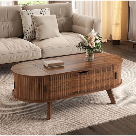 Table basse relevable 110 x 50 x 53,5 cm en MDF noyer avec rangement caché FloraGrace (1/5)