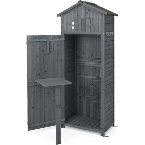 Armoire de jardin grise en bois avec toit étanche, étagères, table rabattable et 8 crochets pour jardin, terrasse et garage (1/5)