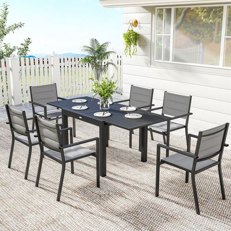 Conjunto de muebles de jardín de 7 piezas: mesa extensible de aluminio, 6 sillas apilables acolchadas de textilene, 90/180 x 80 x 75 cm, gris.