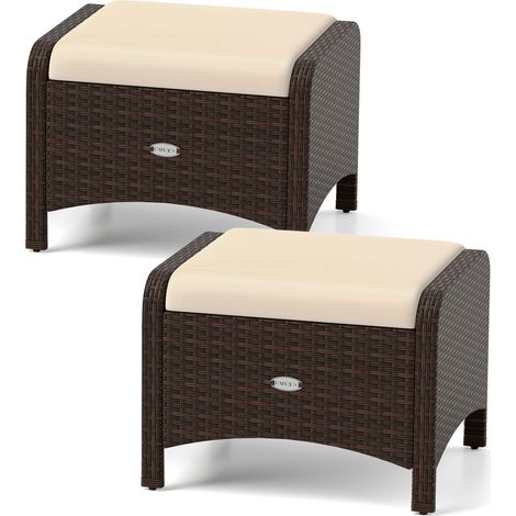 Lot de 2 Tabourets de Jardin, Pouf Extérieur en Rotin Tressé, Coussin Rembourré, Assise Supplémentaire, pour Patio, Balcon, Charge 180 kg, Beige (1/5)