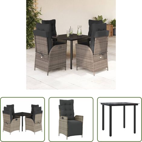 Gartentisch -  5-tlg. Garten-Essgruppe mit Kissen Grau Poly Rattan (1/5)