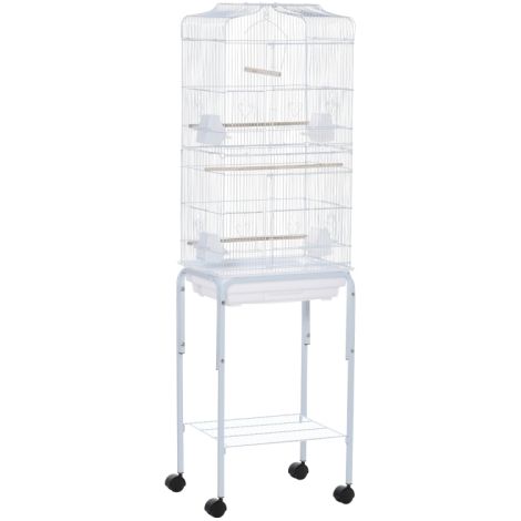 White Bird Cage for Budgies, Finches, Canaries, and Parakeets with Stand, Wheels, Slide-out Tray, and Storage Shelf 46.5x36x157 cm (1/5)
