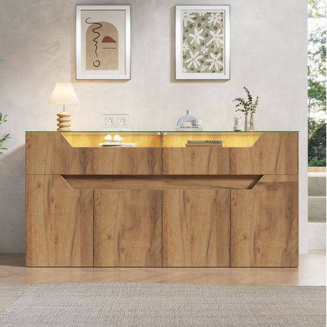Buffet avec plateau en verre trempé, 140x40x70 cm, 2 tiroirs et portes, en MDF, décor bois naturel (1/5)