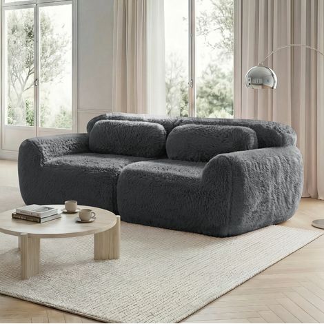 Divano 2 posti in tessuto plush grigio, design modulare senza struttura, pronto all’uso (1/5)