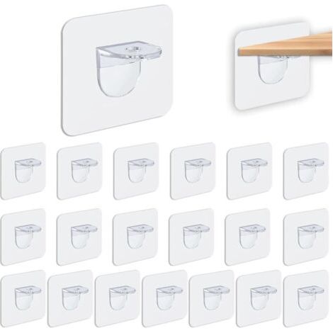 20 PCS Supports d'étagères Autocollants, Transparent 7 x 7 cm, Supports Adhésifs Sans Perçage pour Étagères, Placards et Penderies, Charge 10 kg, Installation Facile et Pratique