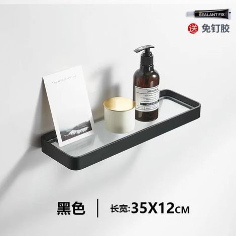 Étagère de salle de bain (35 cm) en aluminium, étagère de douche en verre, finition noire, panier de rangement à ventouses, accessoire de salle de bain (1/5)