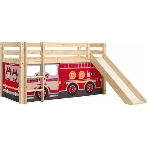 Lit Enfant Surélevé Avec Toboggan "Pino Fire Truck" 90x200cm Naturel (1/2)