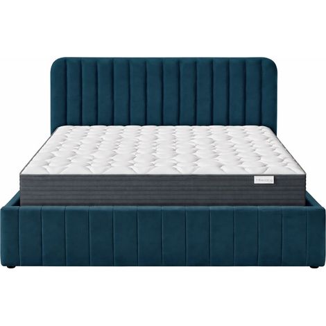 Ensemble Lit coffre adulte 140x190cm avec tête de lit en velours bleu - Ava + Matelas mémoire de forme - Memo HR (1/5)