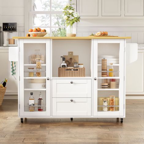 Îlot de cuisine sur roulettes avec plateau rabattable, meuble de cuisine indépendant, desserte de service avec rangement, 2 tiroirs, range-épices, porte-serviettes, roulettes verrouillables, 120 × 45 (1/5)