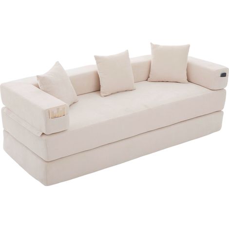 Modulares Chenille-Sofa mit Schlaffunktion, Seitentaschen und rutschfester Unterseite, Beige (1/5)