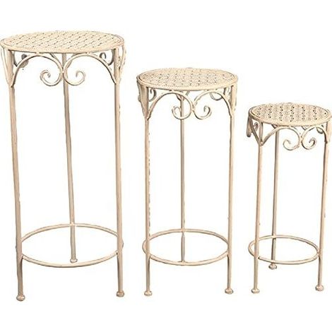 Vigor 9618350 Portafiori Ferro Battuto Set 3 Pezzi Sgabelli Tondi 32x70 27x60 22x50 cm colore Bianco Anticato