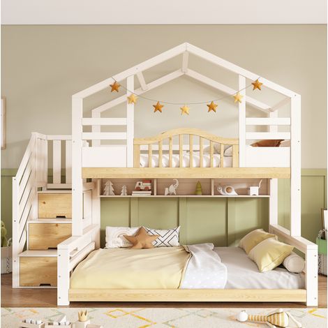 Etagenbett Kinder Hausbett WeiĂź & Naturholz-Optik 90x200 oben 140x200 unten mit Treppenschrank Stauraum Regalen sicherer Aufstieg ideal als Familienbett & Geschwisterbett ohne Matratze (1/5)