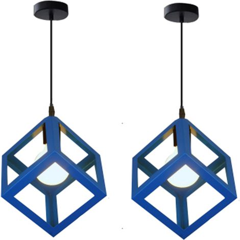 2X Retro Ceiling Lights Modern Hanging Lamp Square Pendant Light (Color:Blue) Iron Metal Cage Pendant Light Creative Geometric Ceiling Light