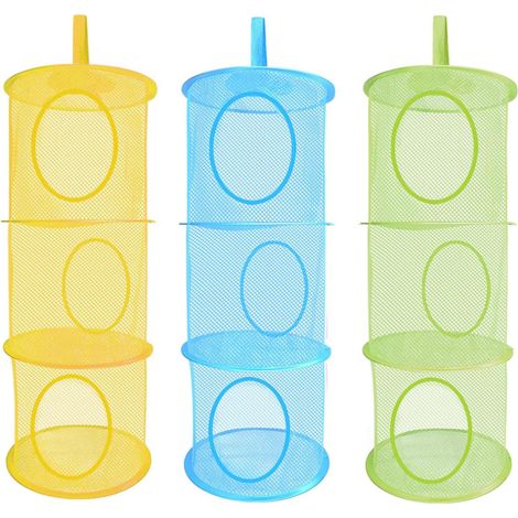 Rangement suspendu en maille, rangement réseau pliable à 3 niveaux, organisateur de sacs de rangement pour jouets, petits vêtements, cadeau de Noël(jaune, vert, bleu)