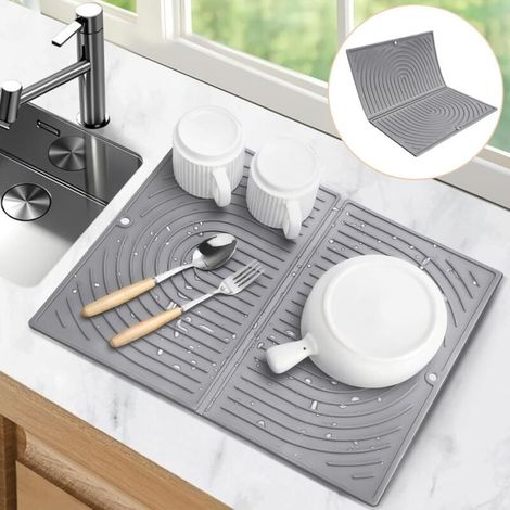 Tapis Égouttoir Vaisselle, Pliable Tapis Vaisselle, Résistant à la Chaleur Tapis de Séchage Vaisselle, Universel Antidérapant Sous-Plat en Silicone pour Cuisine (43×34 cm, Gris) (1/4)