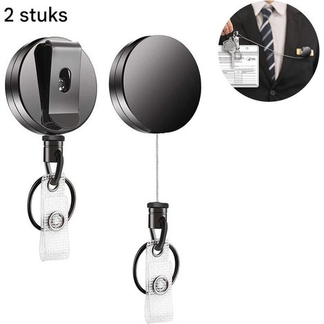 TuseRxln 2x porte-badge en métal robuste (noir) - Bobine extensible solide avec fil d'acier pour le personnel de bureau et médical