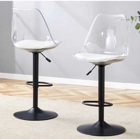 Lot de 2 tabourets de bar réglables, pivotants à 360 degrés, assise blanche en PU, dossier transparent, métal noir (1/5)