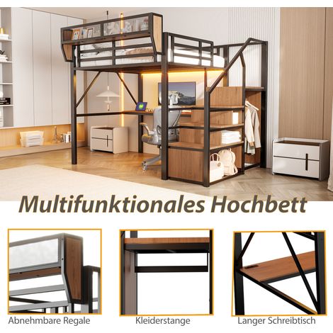 Lit mezzanine 140x200 cm, cadre en métal noir avec éclairage LED, bureau intégré, échelle de sécurité et rangement modulable – lit surélevé polyvalent pour adulte et enfant. (1/5)